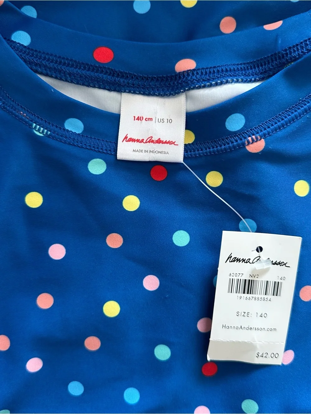 NWT Hanna Andersson Sunblock Rash Guard Top Baltic Blue Polka Dot Multi 10 140cm
